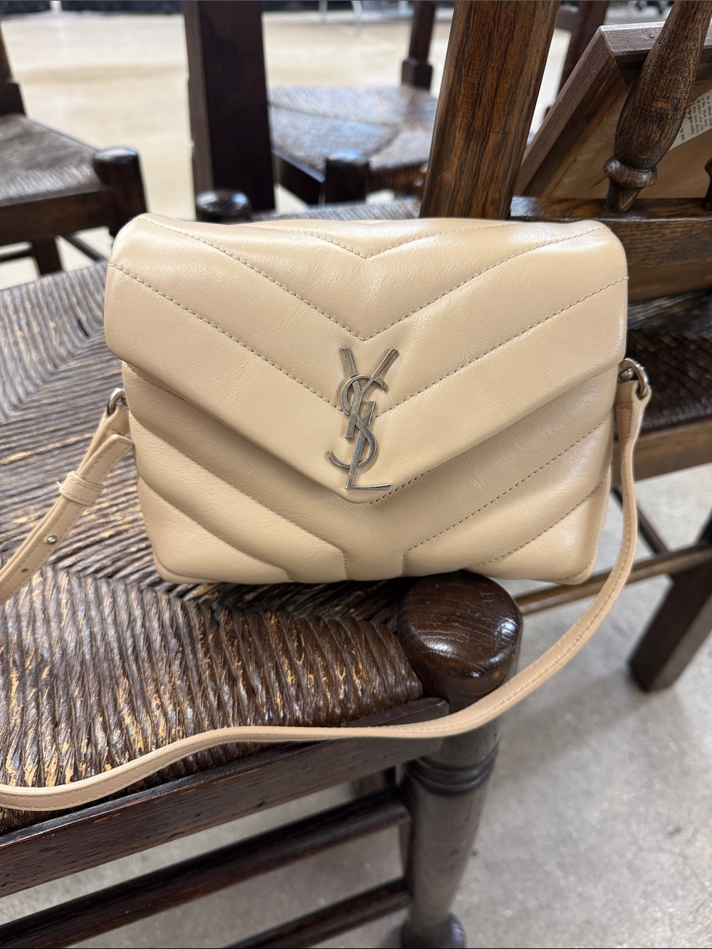 Saint Laurent Small Quilted Chevron Camera Crossbody in Nude
